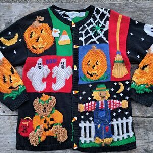 Vintage The Eagle’s Eye Hand Knitted Halloween Cardigan Ghost Scarecrow Medium